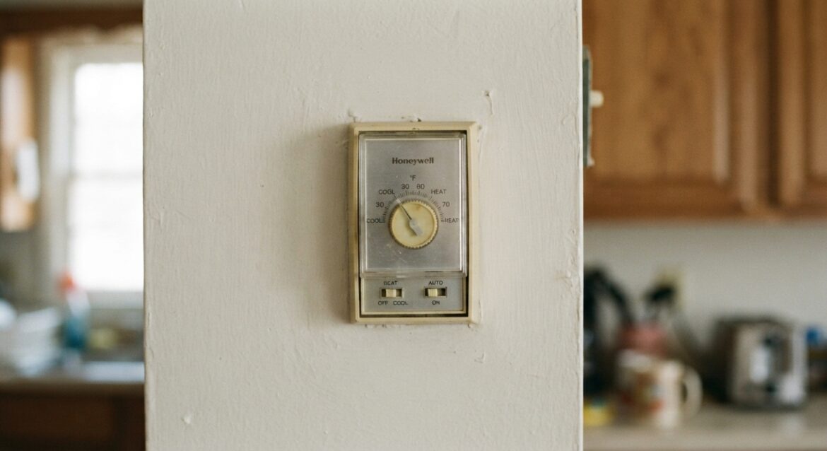 a thermostat on a wall showing a moderate temperature setting
