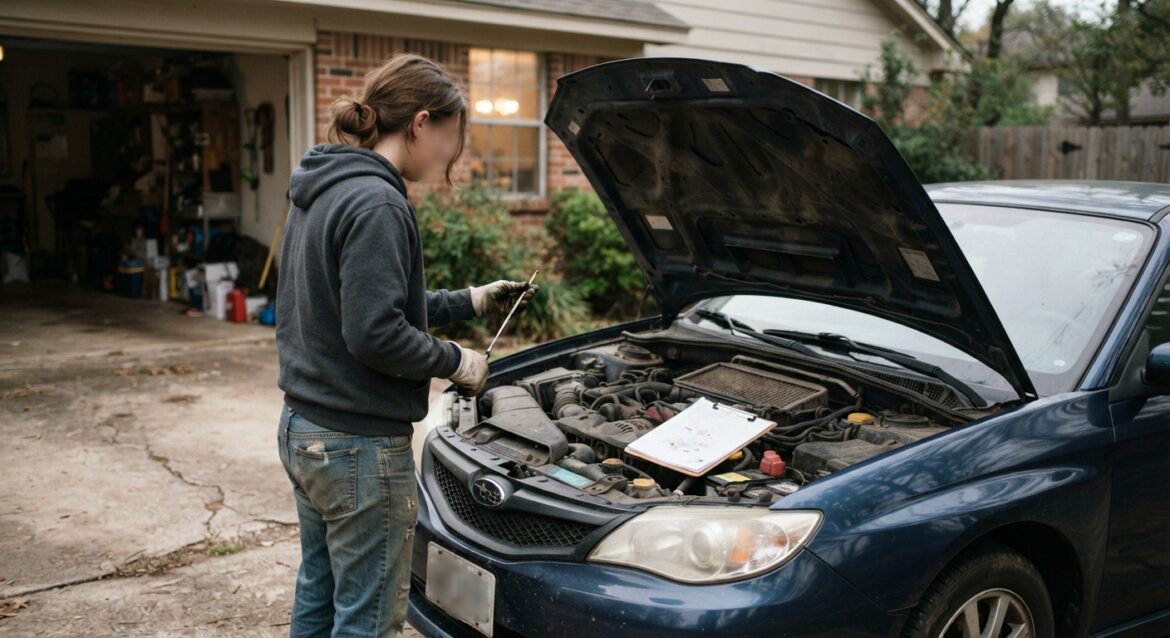 a person checking their car's oil level in a driveway with a maintenance checklist nearby