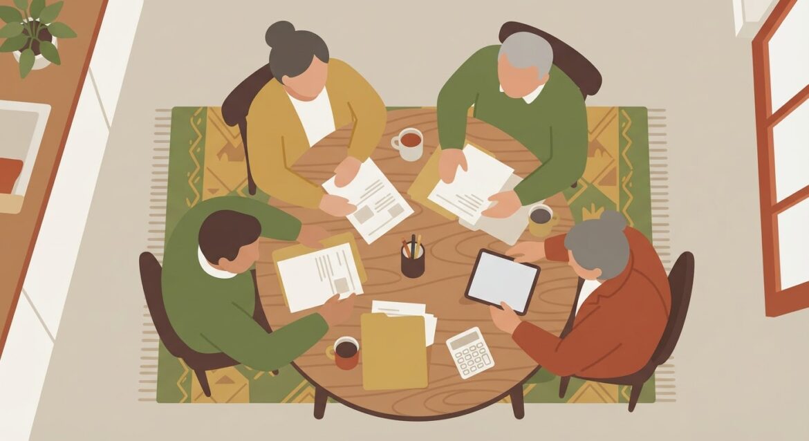 three generations of a family sitting together at a kitchen table reviewing bills