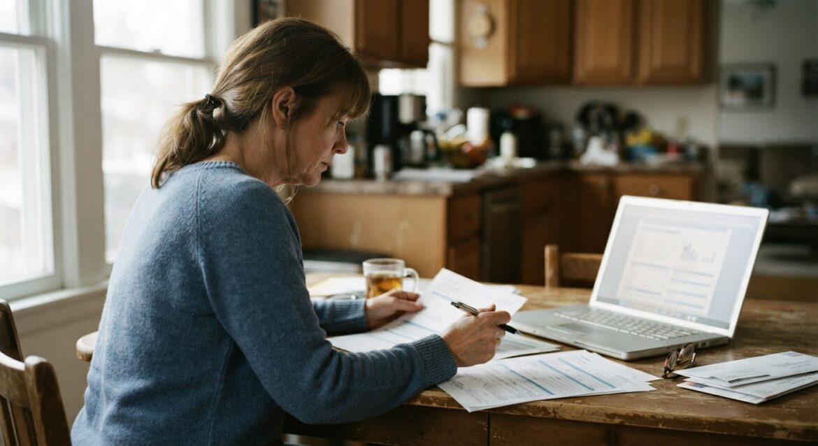 a parent reviewing health insurance plan papers at the kitchen table with a laptop open