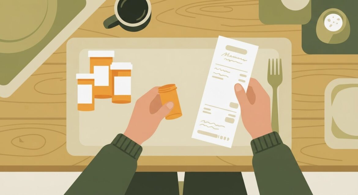 a person comparing prescription bottles and a pharmacy receipt at a kitchen table