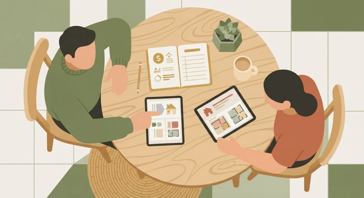 A young couple reviewing home listings and a savings tracker at their kitchen table